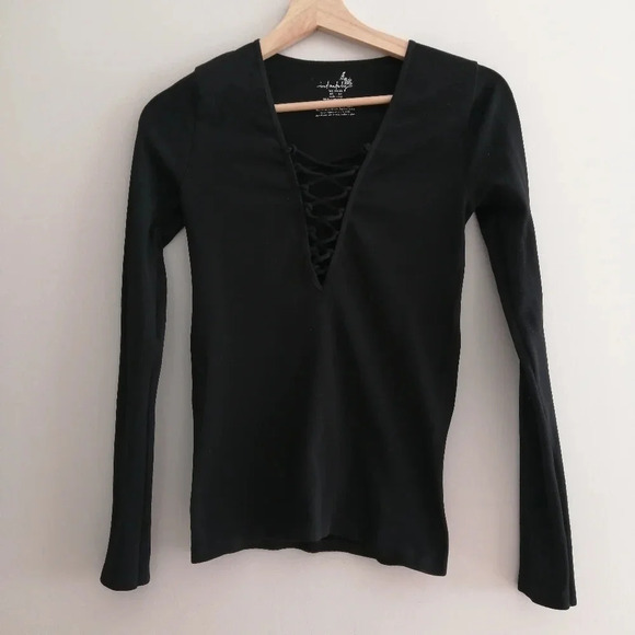 Free People Intimately Free Black Ribbed Lace  Up Neck Long Sleeve Top M/L - Picture 2 of 12